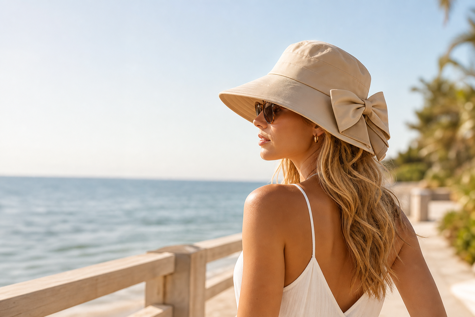 Resort boardwalk bow-back sun hat styling