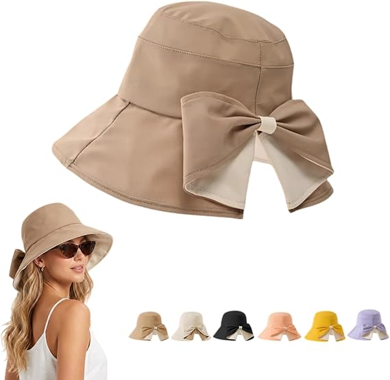 Khaki sun hat showing large back bow