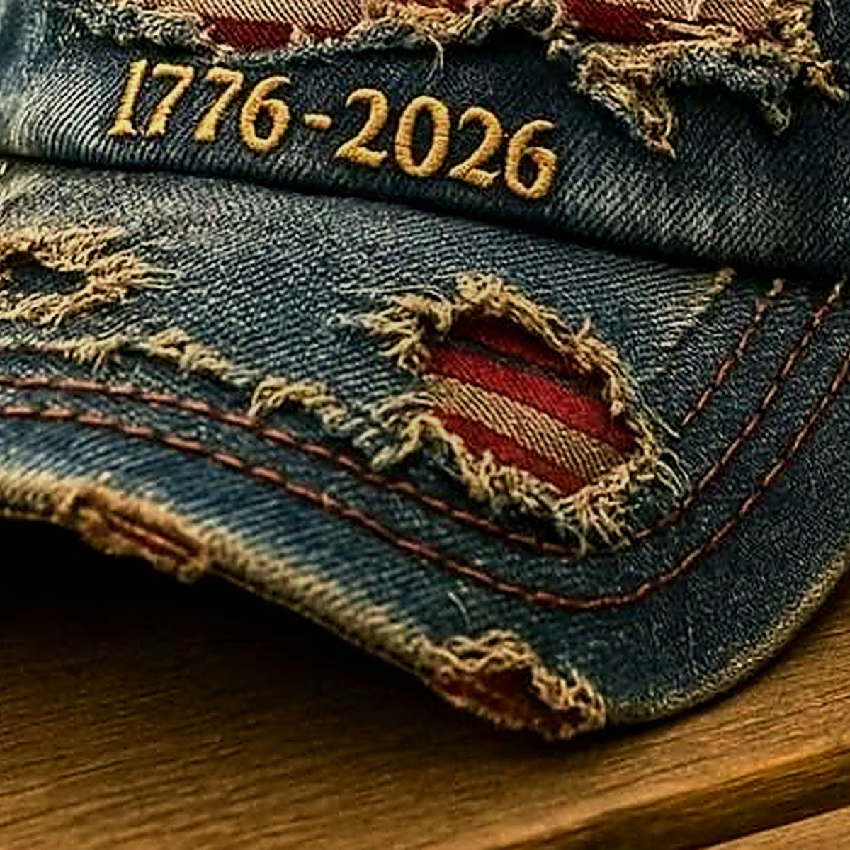 Close-up brim and distressed flag detail for the anniversary denim cap