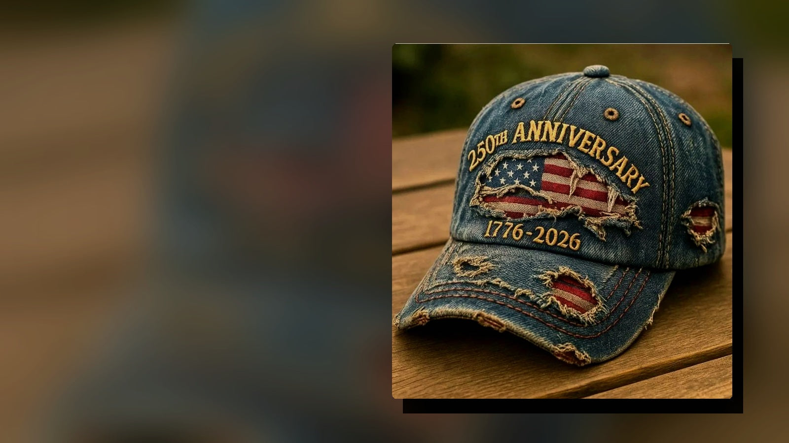 250th Anniversary distressed denim cap hero photograph