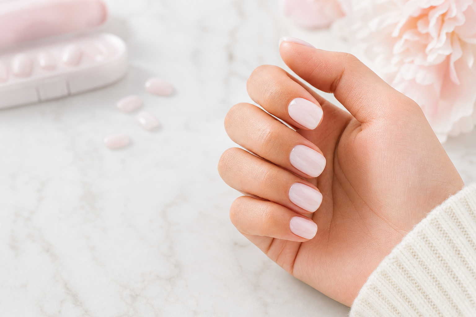 Glossy soft pink press-on nails on a premium vanity