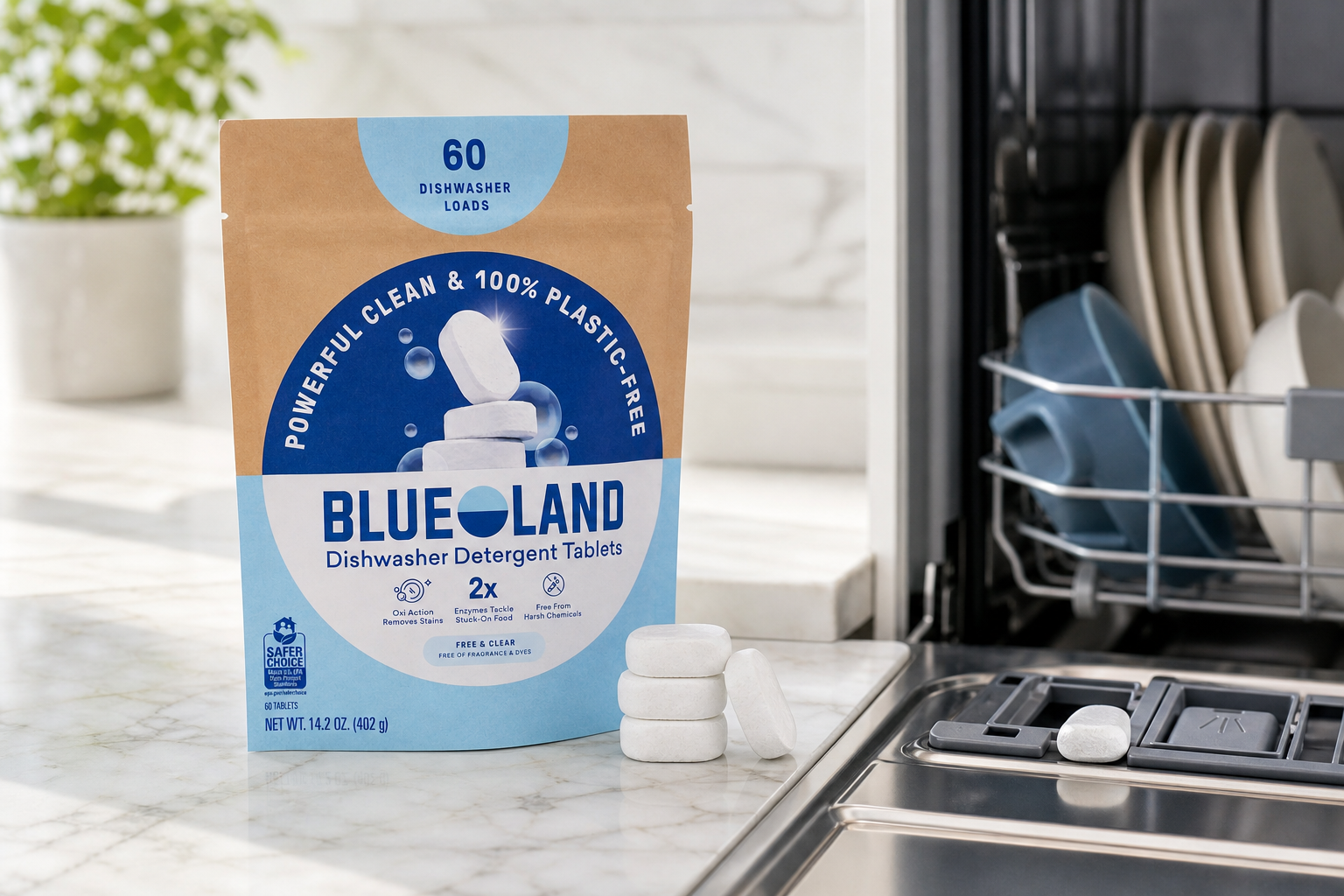 Dishwasher detergent tablets beside an open dishwasher