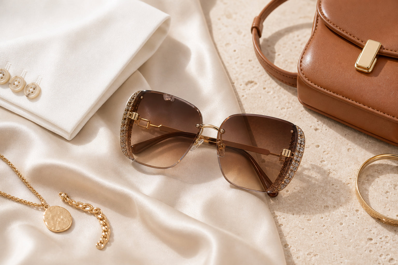 Luxury outfit flat lay with brown gold sunglasses
