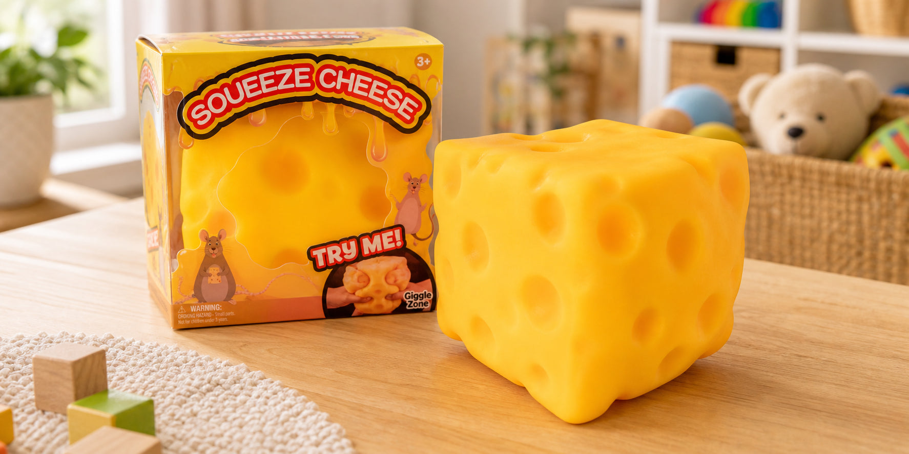 Squeeze cheese sensory toy with package in playroom
