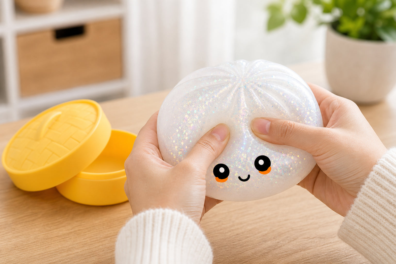 Hands squeezing glitter bao squishy toy