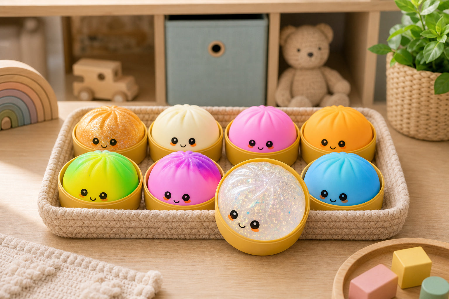 Bao squishy toys stored in yellow cases