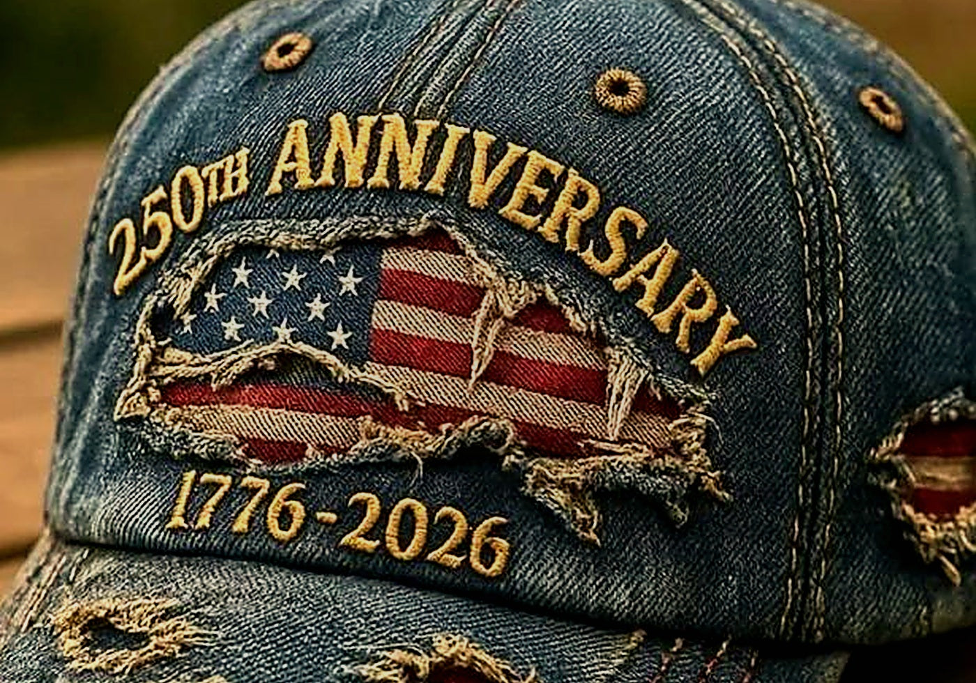 Macro detail of embroidery and distressed flag patch