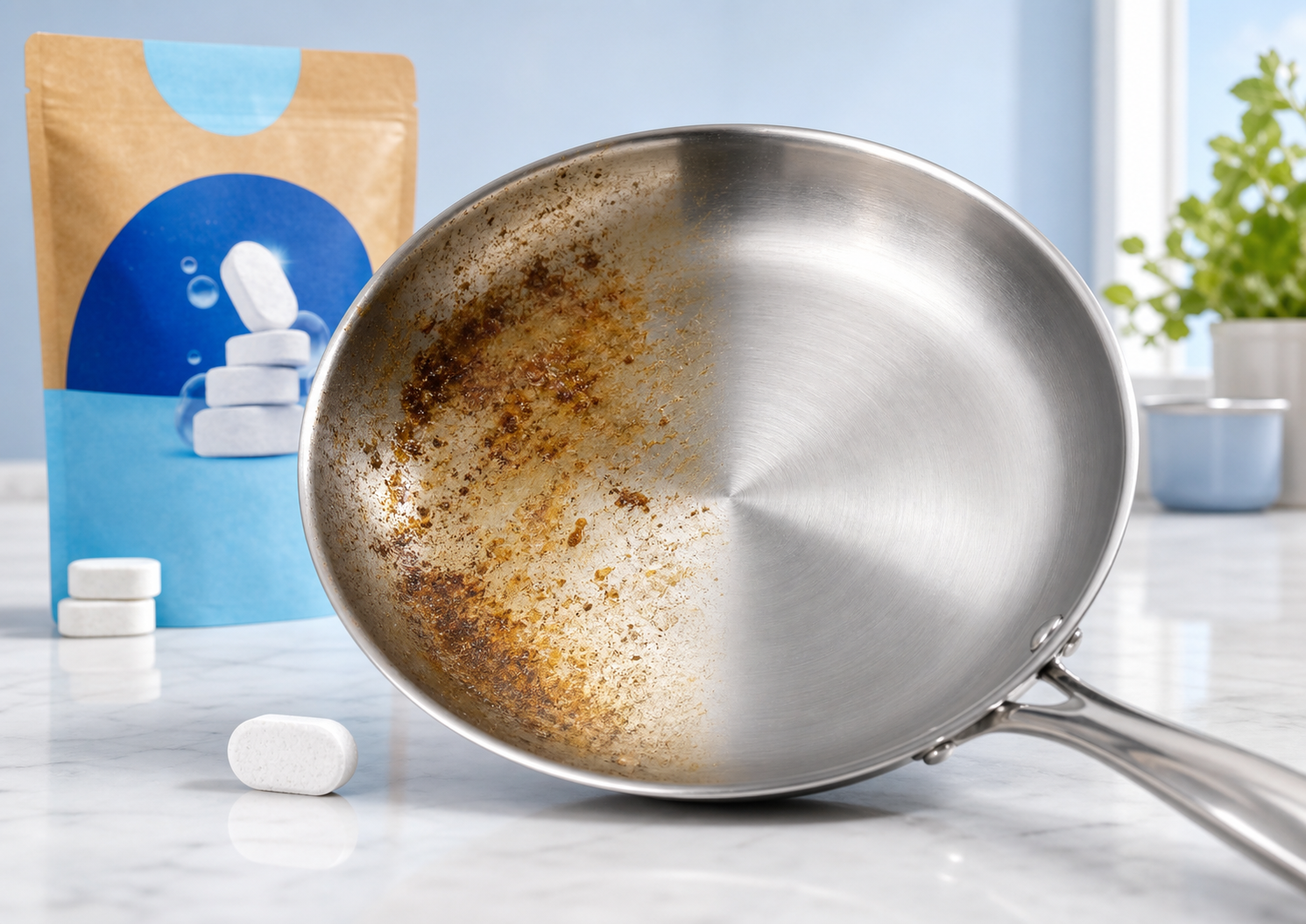 Greasy pan before and after dishwasher detergent cleaning