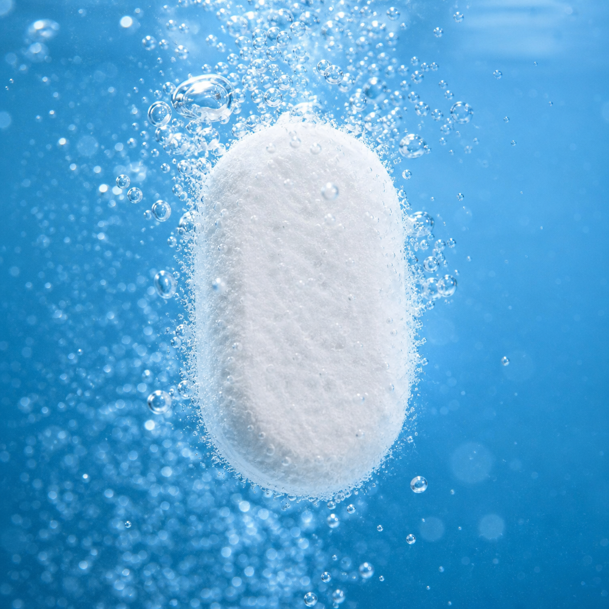 White oval dishwasher detergent tablet dissolving in water