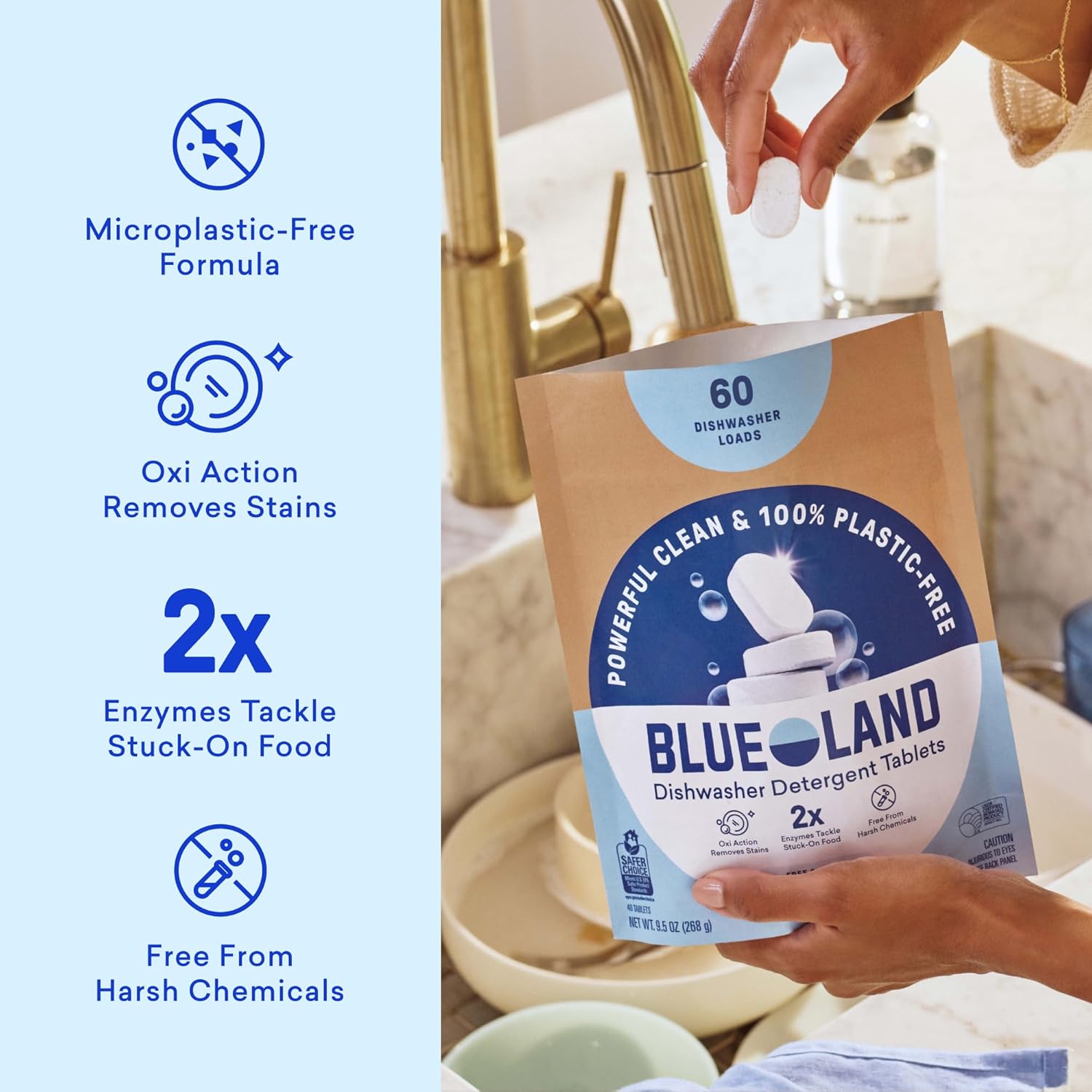 Dishwasher detergent tablet pouch with feature callouts