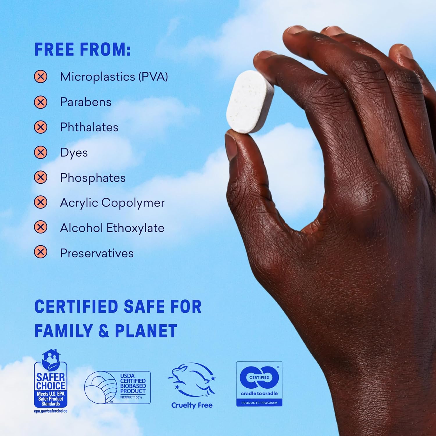 Hand holding white dishwasher tablet beside free-from list