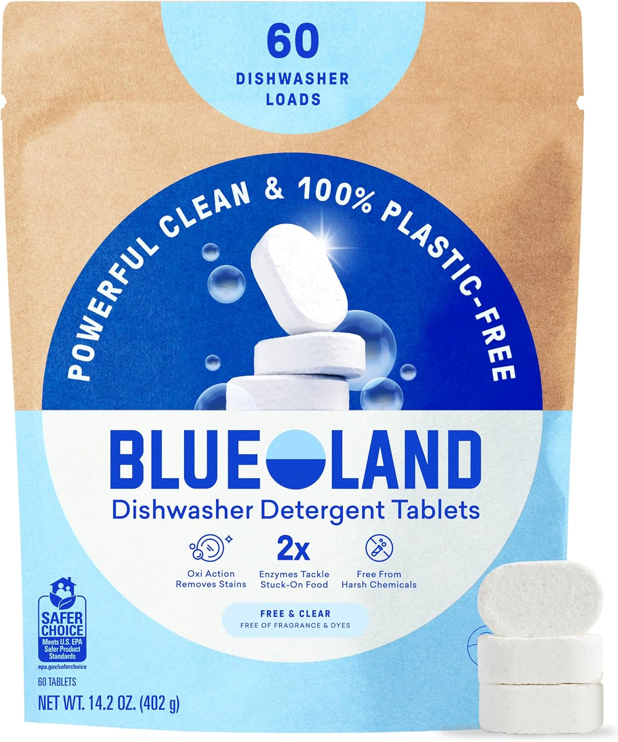 BLUELAND dishwasher detergent tablets pouch and white tablets