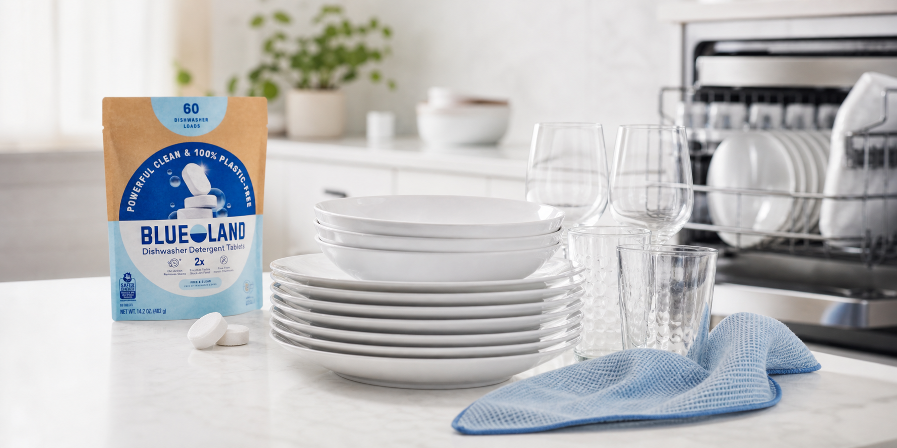 Clean dishes and product pouch on kitchen counter