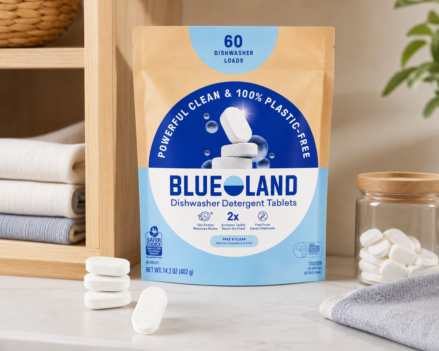 Dishwasher detergent pouch and tablets in tidy pantry shelf