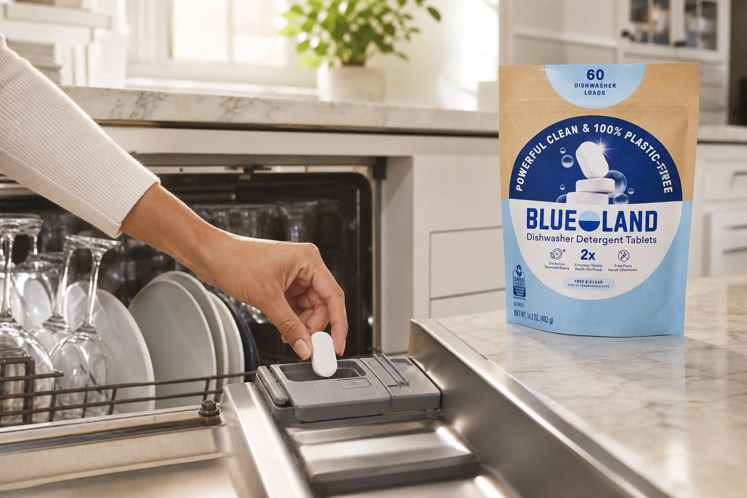 Hand placing dishwasher detergent tablet into dispenser