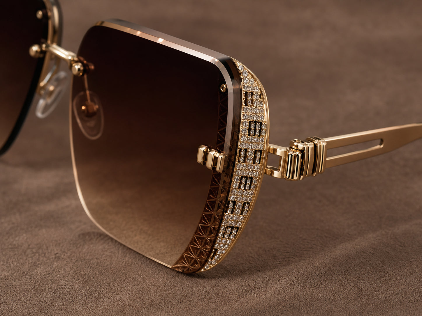 Macro detail of rhinestone side panel and gold hinge