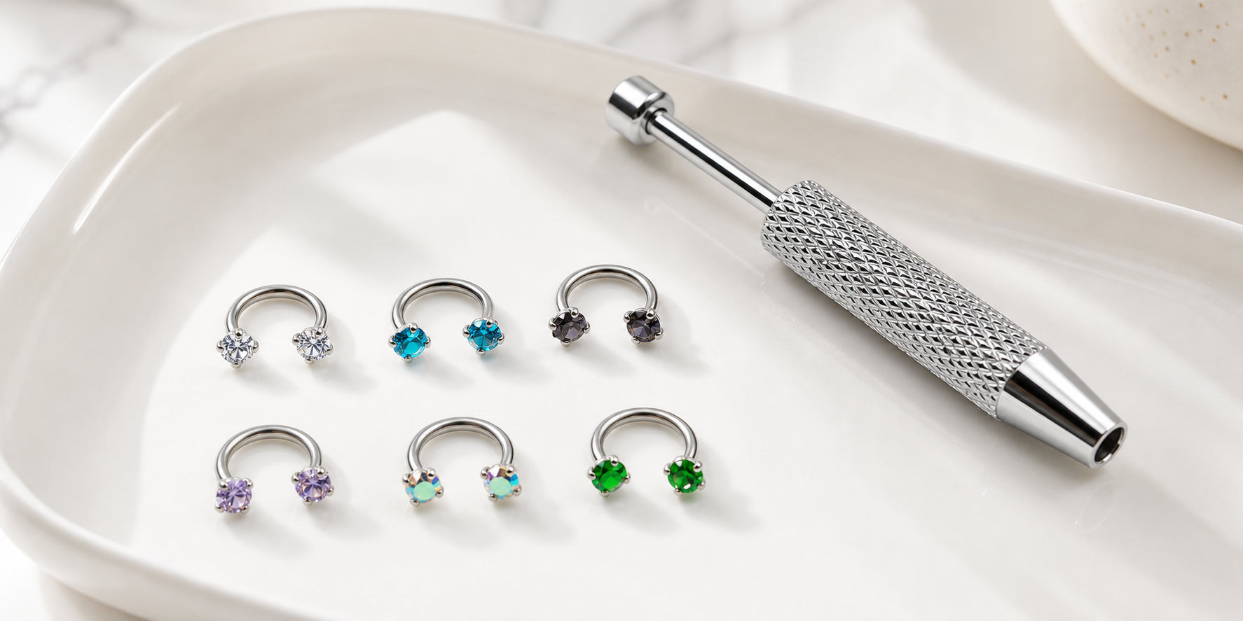 Crystal nose ring set on a clean vanity tray