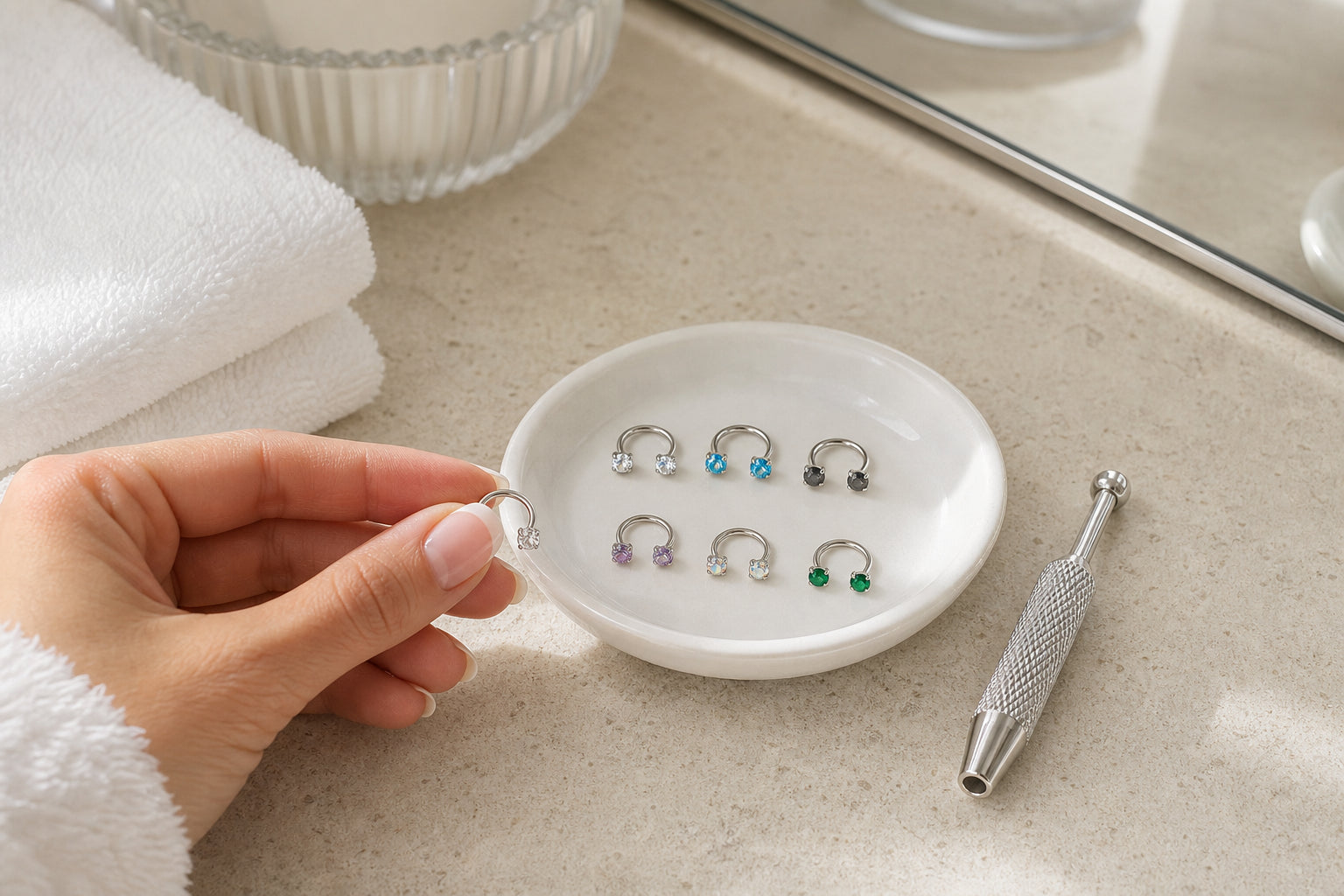 Nose ring set selected on a modern vanity