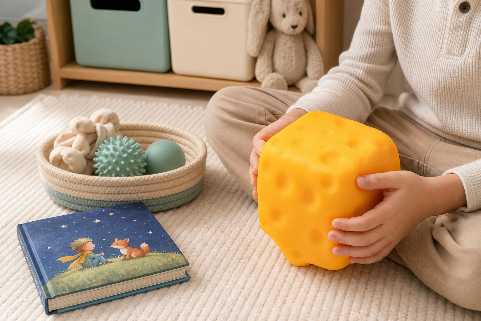 Calm sensory play corner with cheese toy