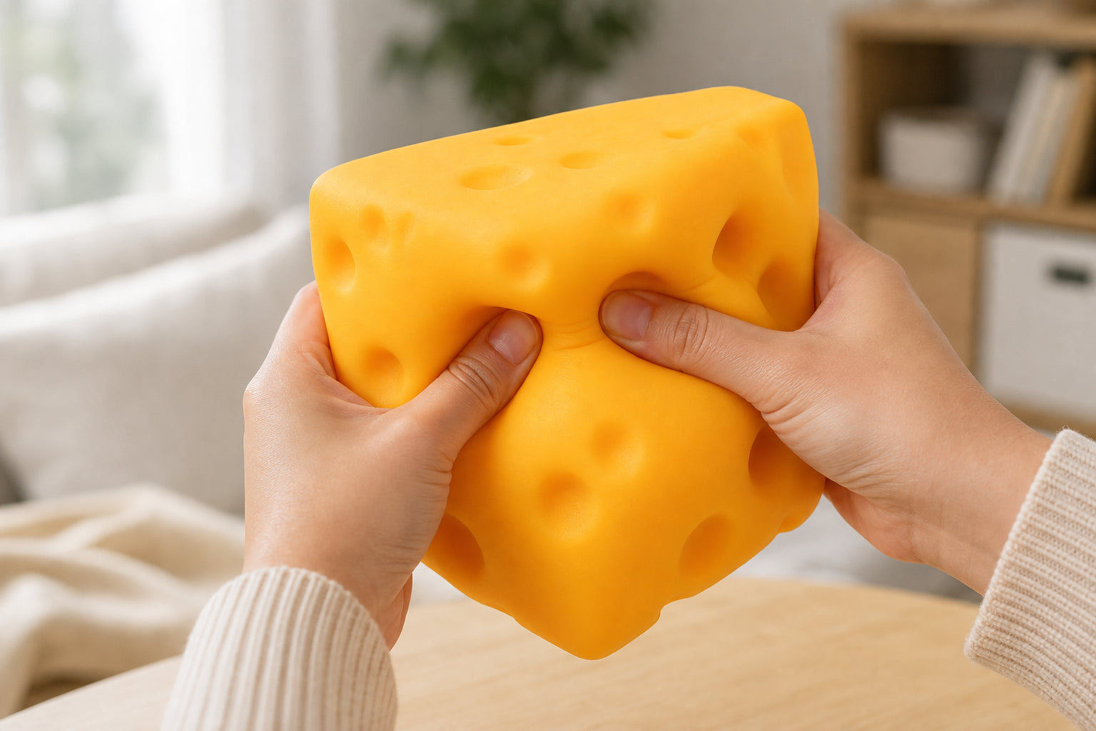 Hands squeezing jumbo cheese sensory toy