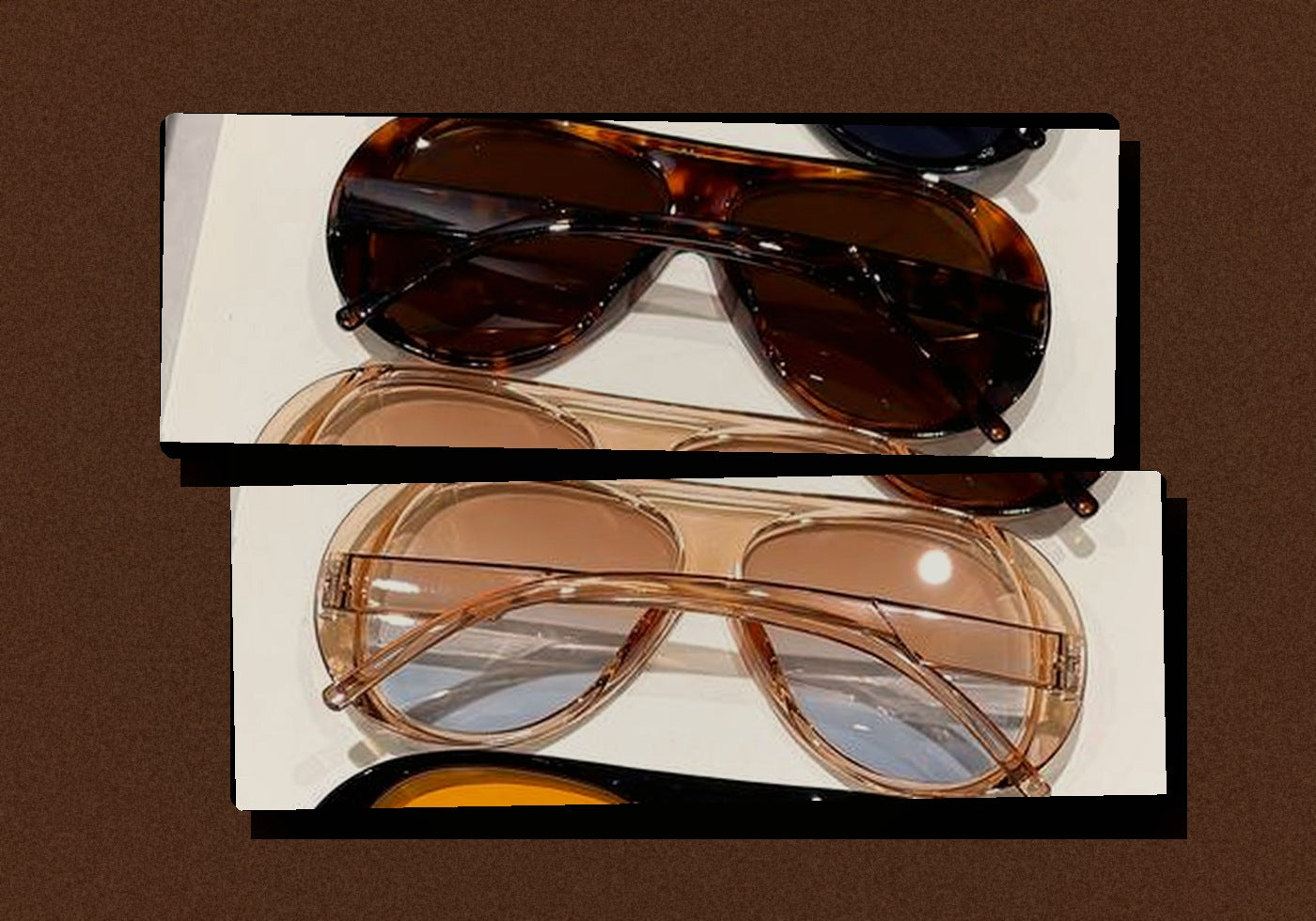 Macro detail of tortoise and champagne sunglasses