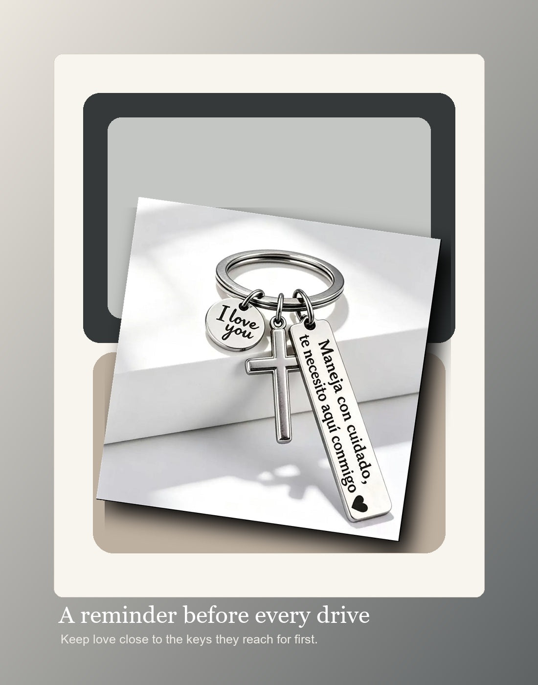Driving lifestyle image for Spanish cross keychain